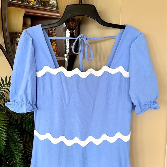 Brand New Blue Flowy Maxi Dress w/ White Ric Rac Tie Back Smocked Puff Sleeves - Picture 5 of 16